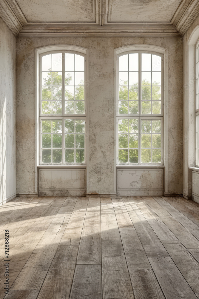 Leerer Raum aus weißem Beton mit Holzböden Leerer Raum aus weißem Beton mit Holzböden