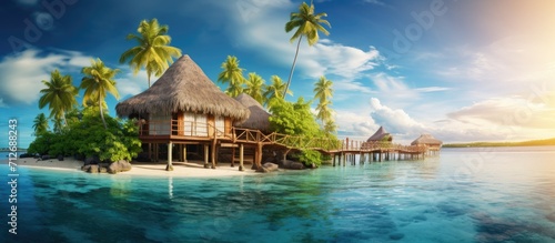 Idyllic tropical island paradise with water villa and palm trees, perfect for a summer vacation.