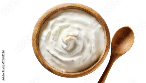 Greek yogurt in wooden bowl isolated on transparent background.