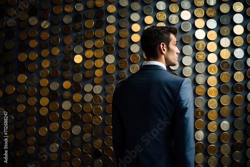Businessman Standing in Front of Wall of Coins