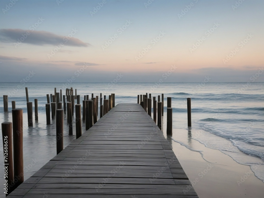 Wooden pier on the beach at beautiful sunset in the evening Wooden pier on the beach at beautiful sunset in the evening