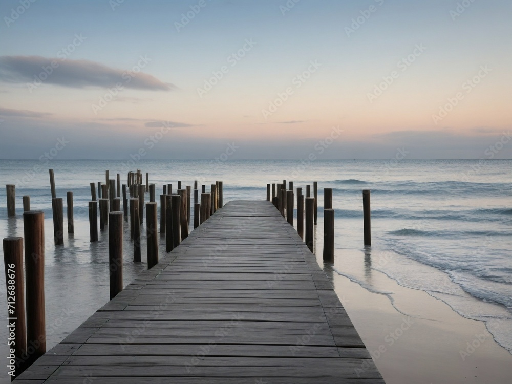 Wooden pier on the beach at beautiful sunset in the evening