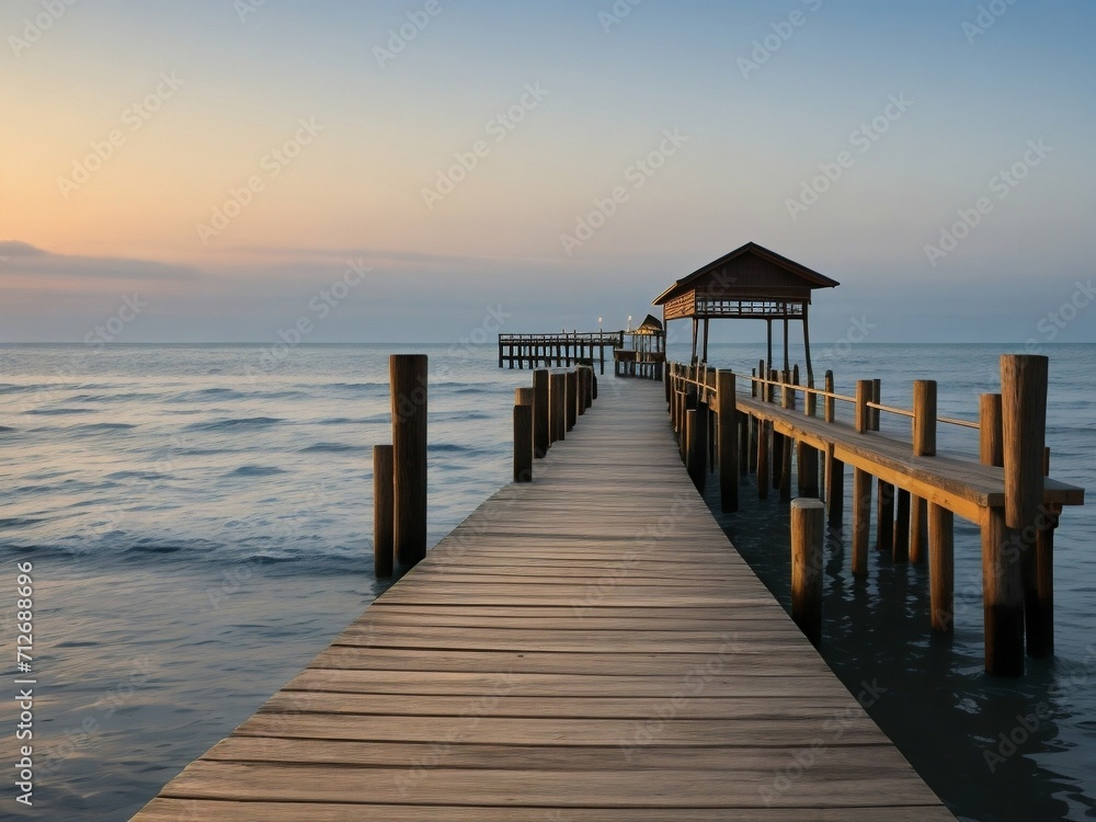 Naklejka premium Wooden pier on the beach at beautiful sunset in the evening