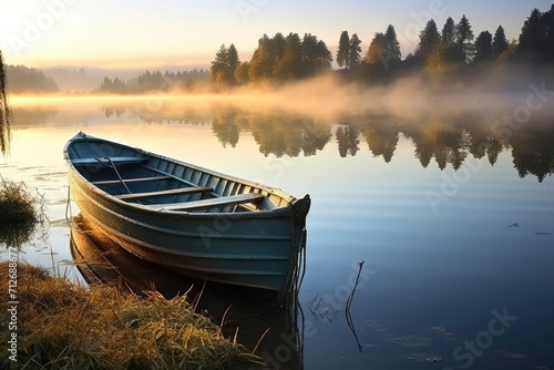 Small Boat Resting on Calm Lake Waters in Serene Natural Landscape, copy space © Andrii