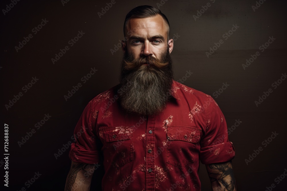 Portrait of a brutal caucasian hipster with a long beard and mustache in a red shirt on a dark background