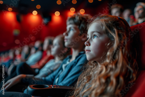 Familie sitzt zusammen und schaut sich einen Film im Kino an