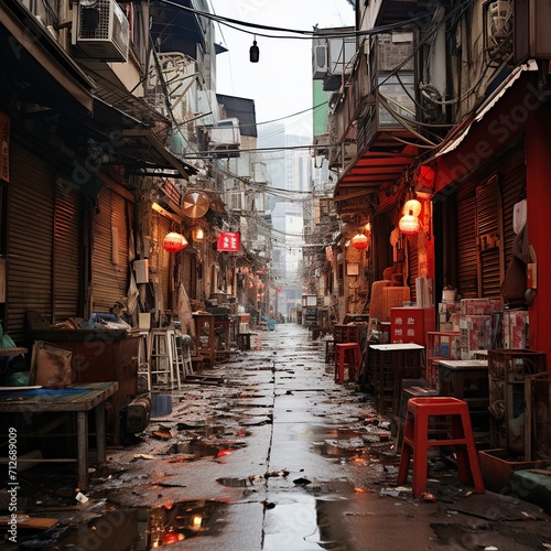 A wet and dirty alleyway in a Chinese city with traditional architecture © duyina1990