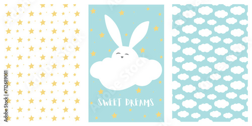 Sweet dreams background set. Stars and clouds seamless patterns. Cloud bunny and cute lettering on blue. Simple nursery art for baby. Vector illustration.