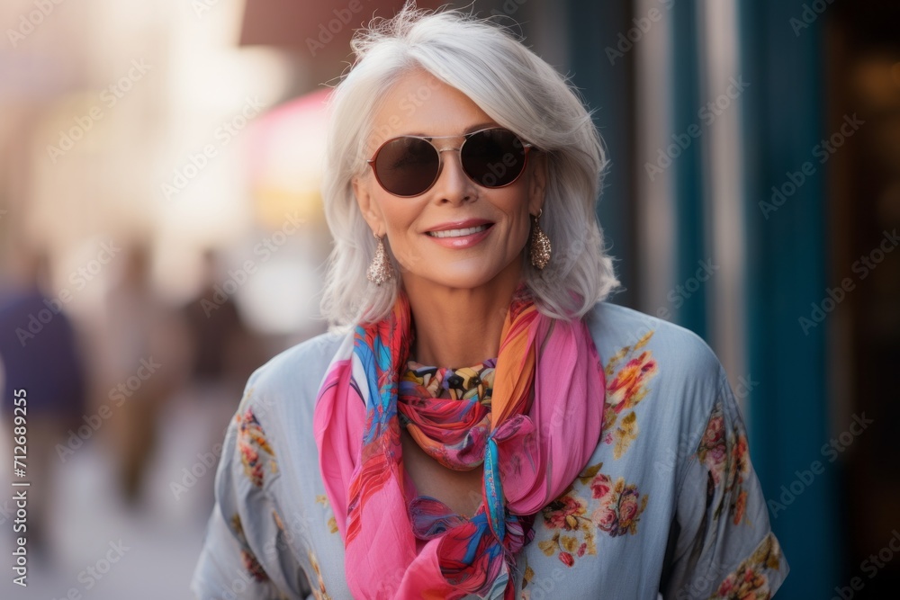 Portrait of beautiful middle aged woman in sunglasses on the street.
