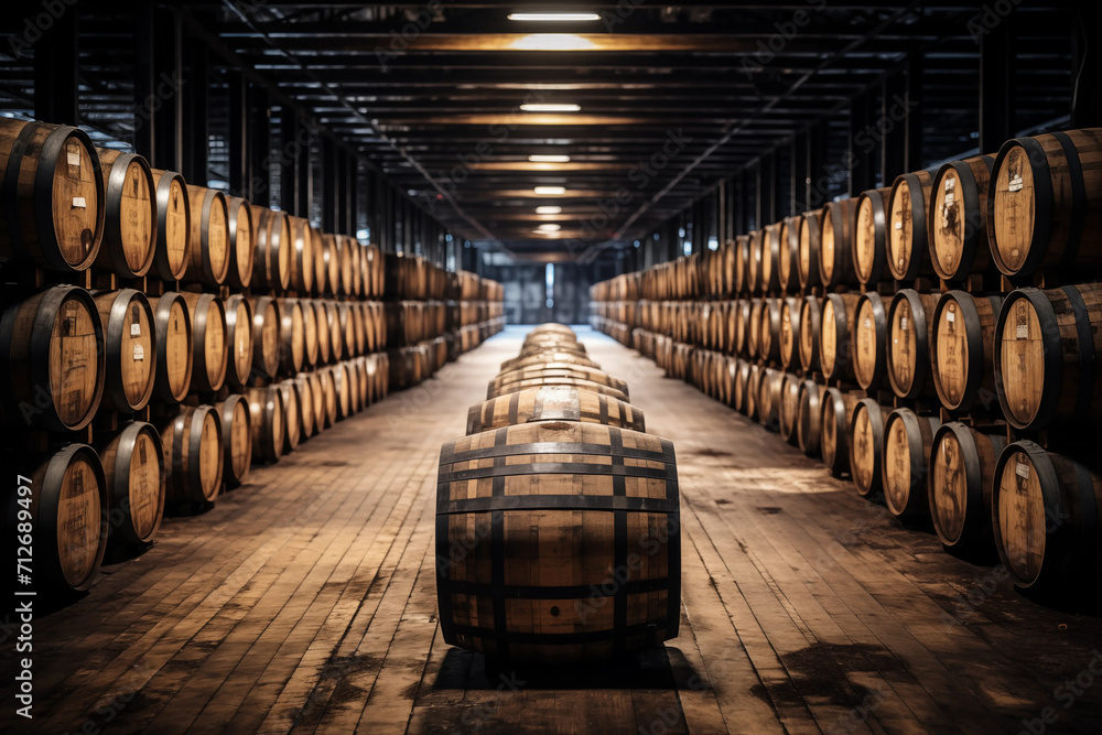 Whiskey, bourbon, scotch, wine barrels in an aging facility.