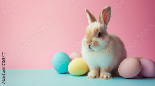 Cute bunny and easter eggs on pink background. Easter concept.