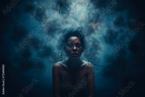 Multiple Exposure Portrait of a Sad Woman Suffering from Depression In a Dark Room. Mental Illness and Headache Concept.  photo