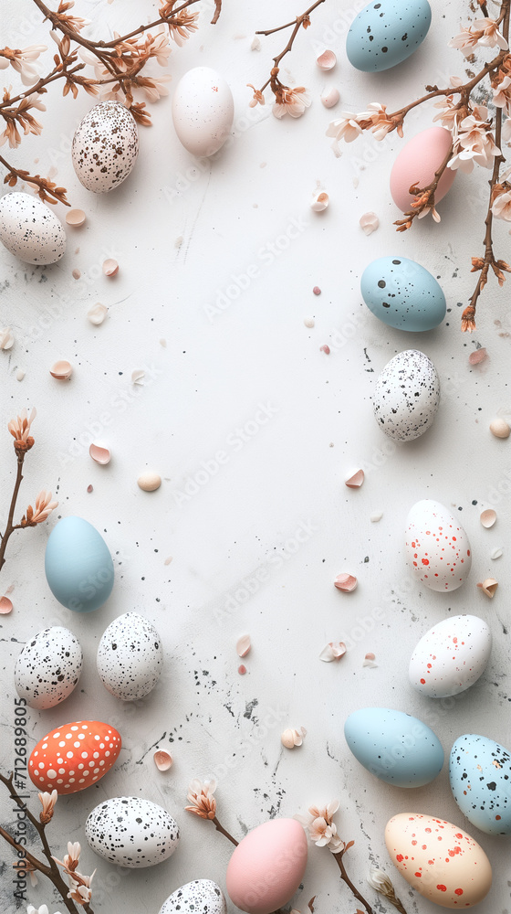 Flat lay composition with Easter eggs and branches on light background. Space for text
Flat lay composition with Easter eggs and branches on light background. Space for text