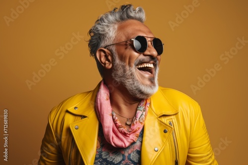 Portrait of a happy senior man in sunglasses on a yellow background.