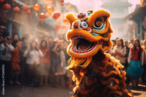 Dragon and lion dance show in chinese new year fest