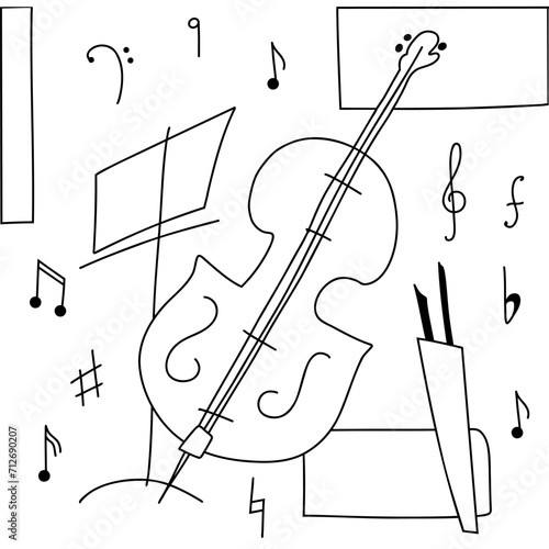Vector illustration double bass with a bow and musical symbols sings. Musical instrument  abstract contrabass line art. Suitable for banner, flyer, invitation, posters, decor.