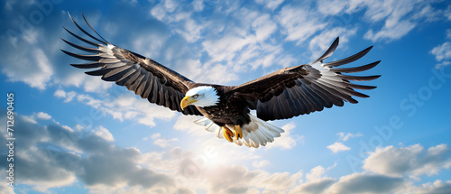 a bald eagle soaring through the sky with its wings spread out and wings spread wide open, with a blue sky and white clouds behind it