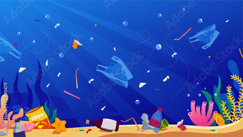 Vector beautiful underwater background with garbage