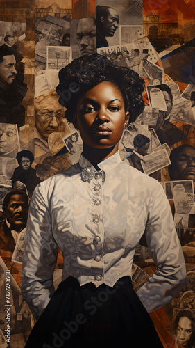 visual timeline juxtaposing significant events in American history, such as the civil rights movement and women's suffrage, with images reflecting the struggles and progress of black and female