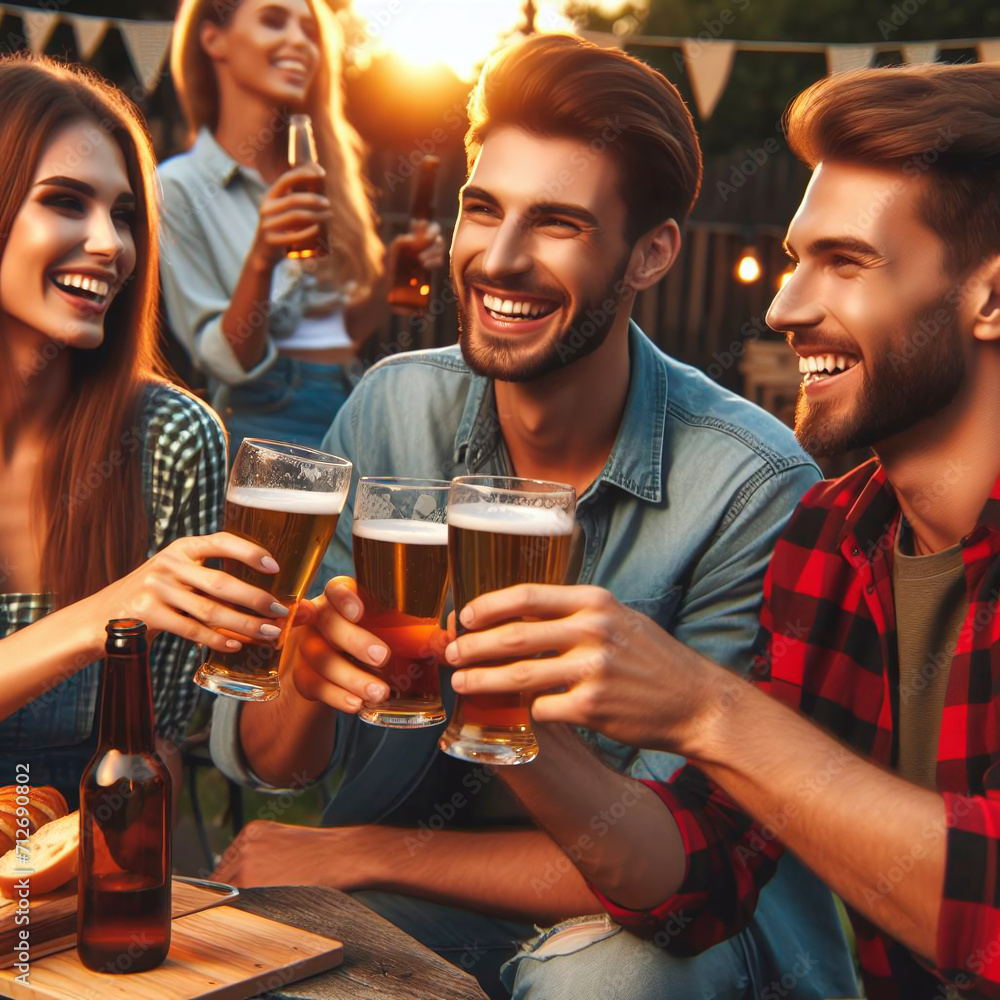 Group of young people clinking glasses with beer and smiling at camera while having picnic outdoors