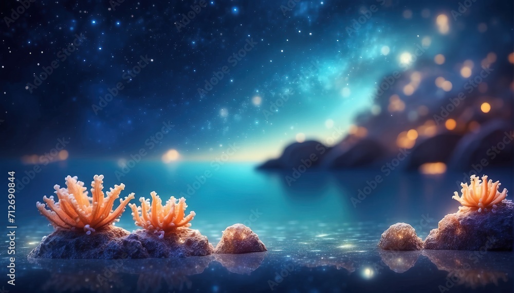 Fantasy night seascape, glowing marine life, starry sky. Fantasy night seascape, glowing marine life, starry sky.