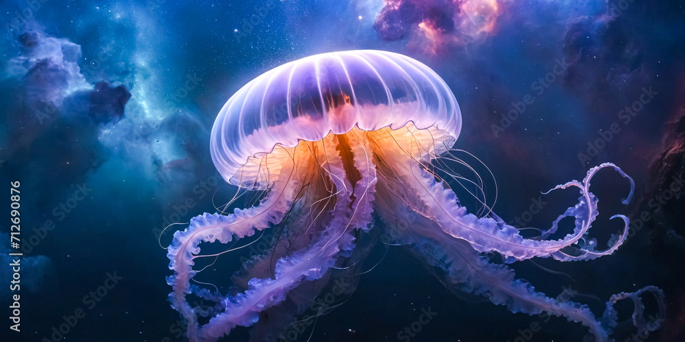 Fototapeta premium a colossal, translucent jellyfish-like creature drifting gracefully through vibrant nebulae. ai generative