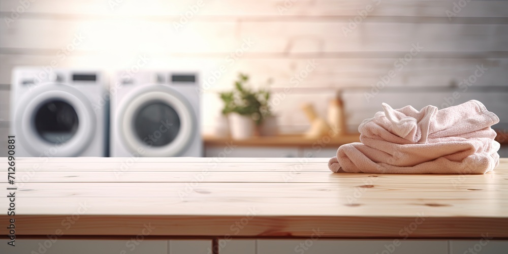 Blurred laundry room with empty wooden board