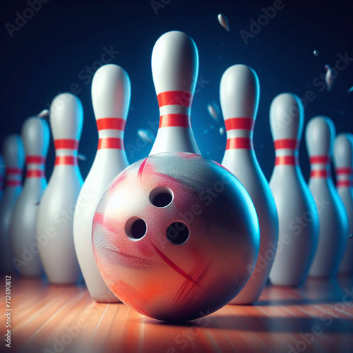 Bowling ball and pins on a blue background. 3d rendering
