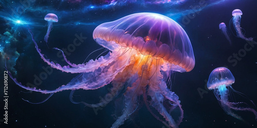 a colossal, translucent jellyfish-like creature drifting gracefully through vibrant nebulae. ai generative © Big