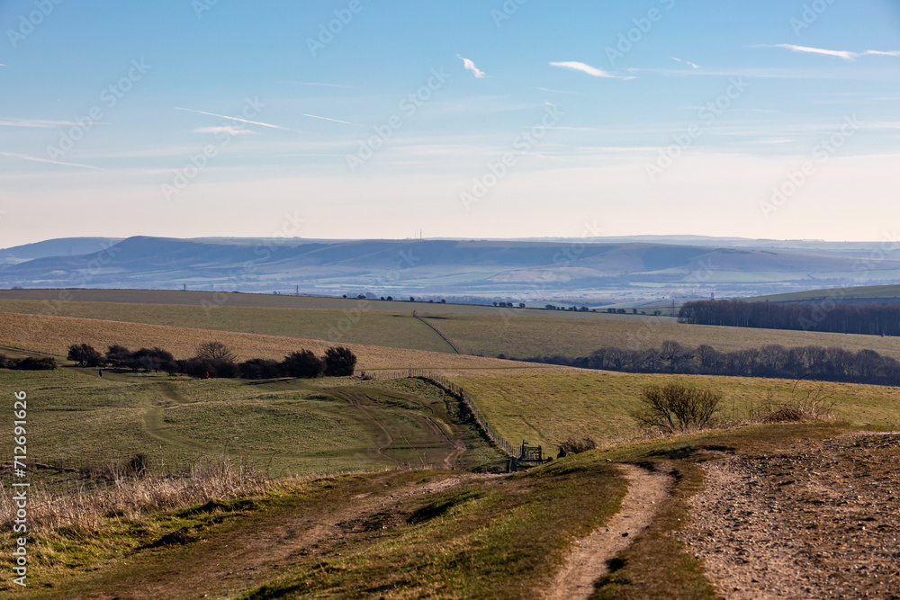 A pathway on Ditchling Beacon on a sunny winter's day