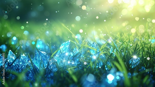 Beautiful realistic digital art of field with blue crystals, shining brightly in a fields of vivid green glowing grass, blur bokeh background. 