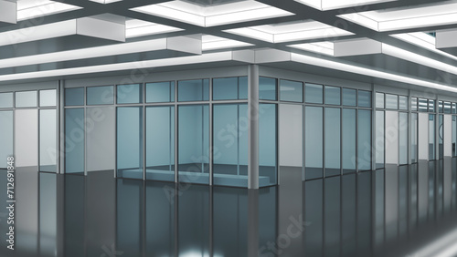 Shopping mall hall with glass storefronts. 3d illustration