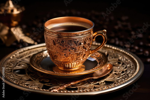 Traditional Turkish coffee in the copper cup on the dark background