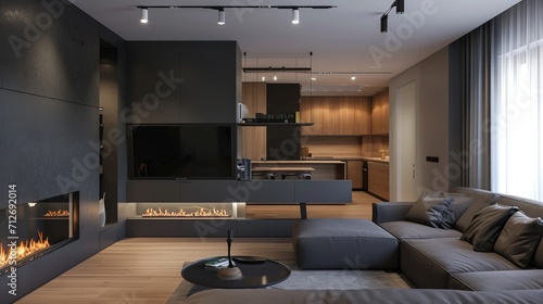 Modern apartment with sleek design and fireplace. Suitable for real estate, architecture, and lifestyle features © Natalya