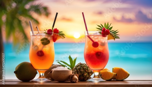 Summer cocktails on luxury tropical beach resort at sunset