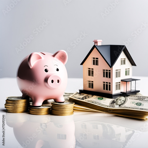 Piggy bank with a house on top of a pile of coins