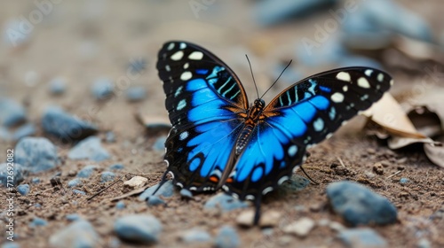 close up blue butterfly on ground    
