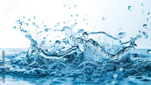 Close up blue Water splash with bubbles on white background 