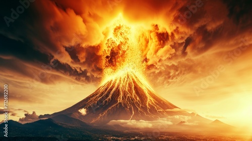Majestic volcano erupting with lava and smoke against a fiery sky. Suits content on nature's power or geology