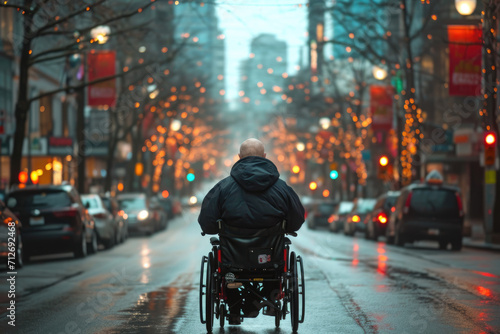 A man in a wheelchair in the middle of the street © Serega
