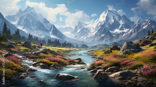 panorama of tall rocky mountains covered in white smoke, under the mountain flowing clear and fresh rivers, on the banks of the river there are many colorful flowers , light sun morning , Generate AI