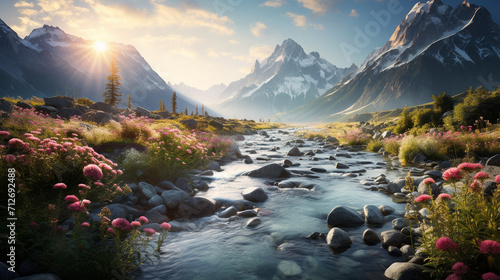 panorama of tall rocky mountains covered in white smoke, under the mountain flowing clear and fresh rivers, on the banks of the river there are many colorful flowers , light sun morning , Generate AI photo