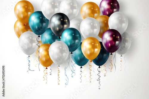 Colorful balloons confetti ribbon with anniversary and birthday festive decoration on white Background