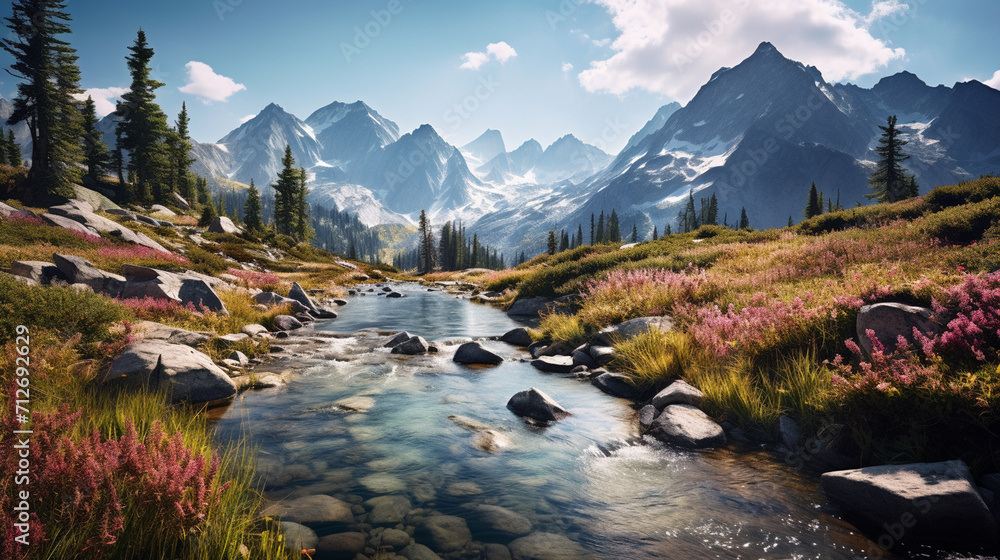 panorama of tall rocky mountains covered in white smoke, under the mountain flowing clear and fresh rivers, on the banks of the river there are many colorful flowers , light sun morning , Generate AI - obrazy, fototapety, plakaty 