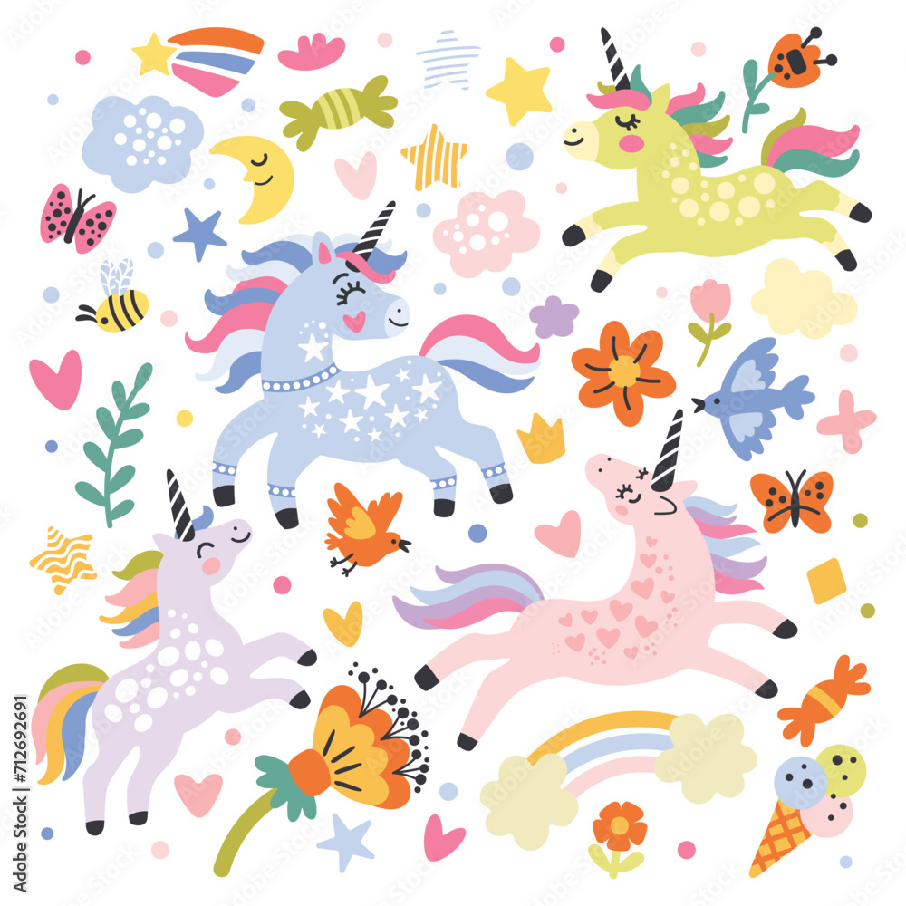 Fototapeta premium Happy unicorns set vector illustration