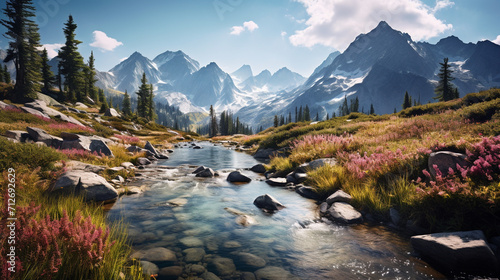 panorama of tall rocky mountains covered in white smoke, under the mountain flowing clear and fresh rivers, on the banks of the river there are many colorful flowers , light sun morning , Generate AI photo