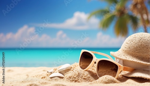 Sunglasses on sandy beach as background