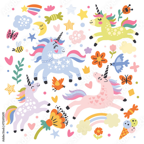 Happy unicorns set vector illustration