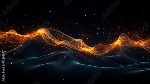 Particle connection network Digital generated image of glow fiber splines making turbulence patterns on black background , Generate AI