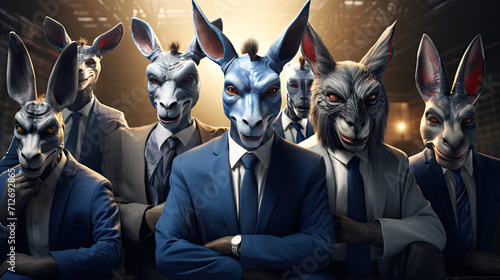 Photo of weird incognito guys wear evil donkey masks in suits cross hands prepare